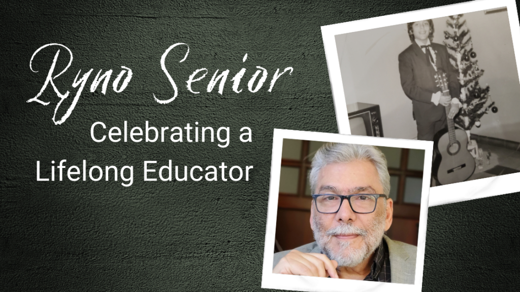 Text: Ryno Senior — Celebrating a Lifelong Educator  Next to the text are two polaroid photos: The first is a black and white photo of Ryno as a child, posing with his guitar. The second is a headshot of Ryno today. He has gray hair, glasses, and a beard.