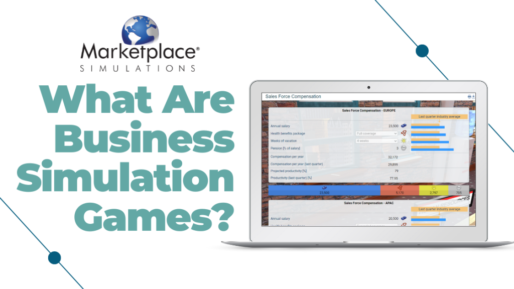 Text: What Are Business Simulations Games?
Image: A laptop with a screenshot of the sales force compensation screen from Marketplace Simulations