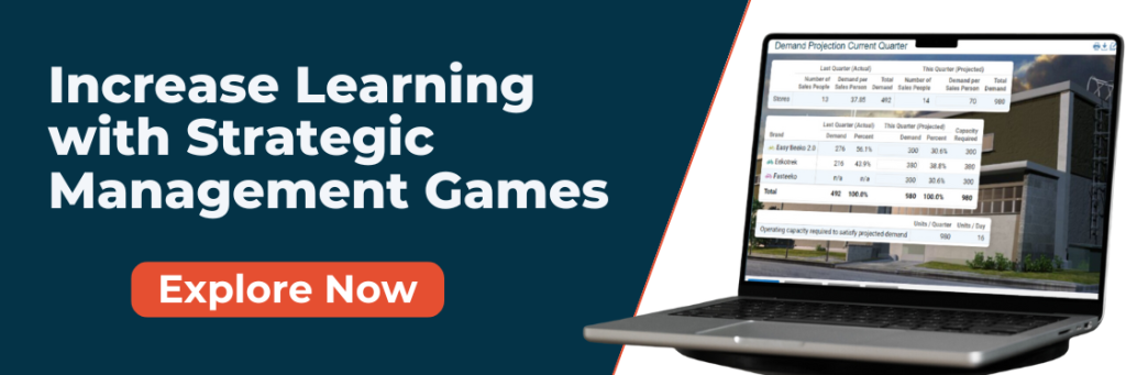 Text: Increase Learning with Strategic Management Games. Click to explore now!
Image: Laptop with a screenshot of Marketplace Simulations