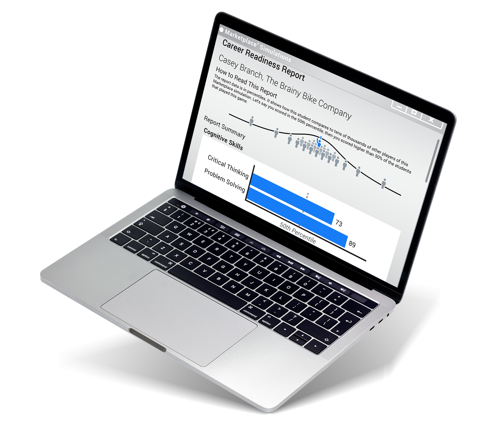 A laptop show a student's Career Readiness Report with rankings in critical thinking and problem solving.